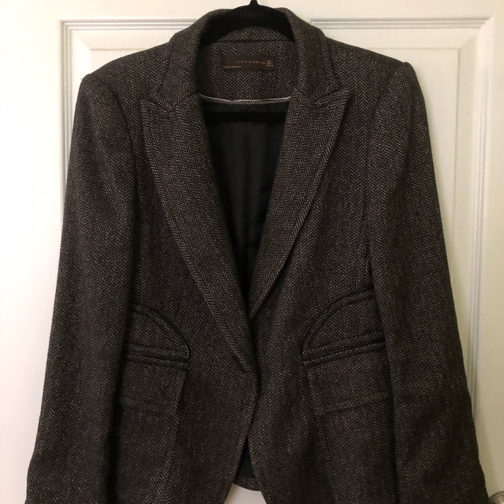 ZARA tweed blazer, with faux-leather piping detail